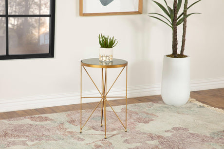 Eliska round accent table with green marble top and antique gold base, angled front view
