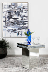Elora Pedestal Square Top Accent Table Mirror front view highlighting mirrored surfaces