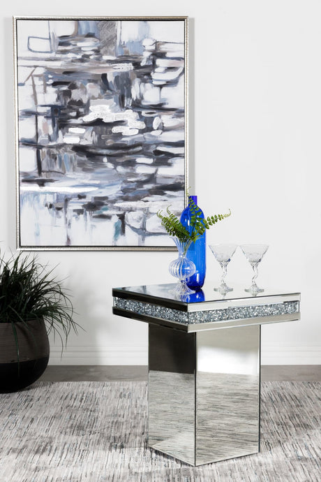 Elora Pedestal Square Top Accent Table Mirror front view highlighting mirrored surfaces