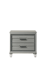 Amiri Silver Ice Nightstand front angle with gray upholstery and drawer