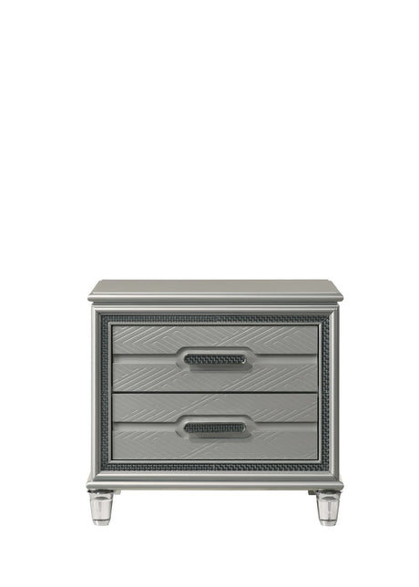 Amiri Silver Ice Nightstand front angle with gray upholstery and drawer