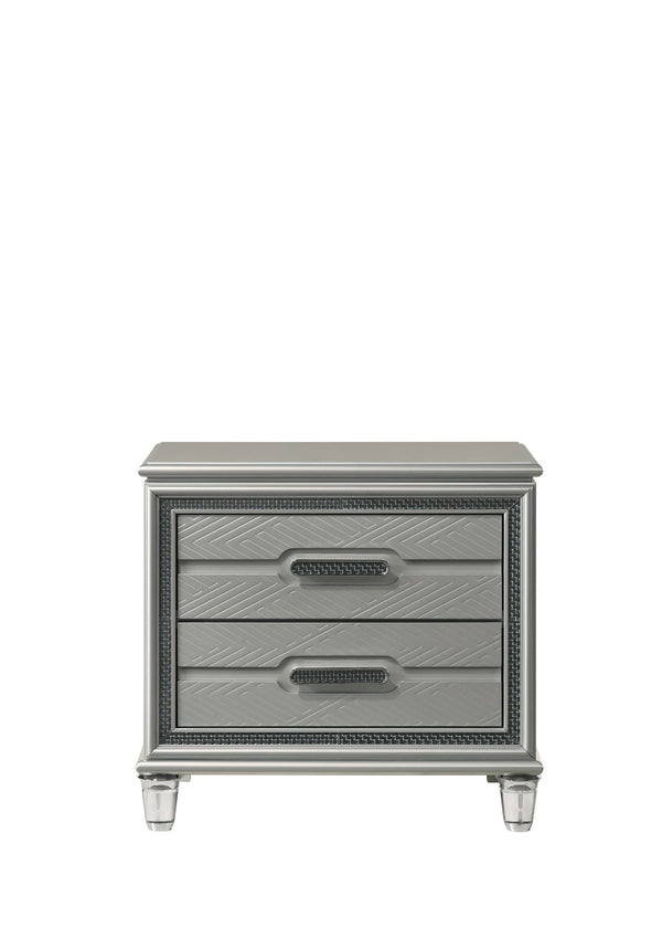 Amiri Silver Ice Nightstand front angle with gray upholstery and drawer