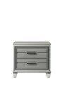 Amiri Silver Ice Nightstand front angle with gray upholstery and drawer