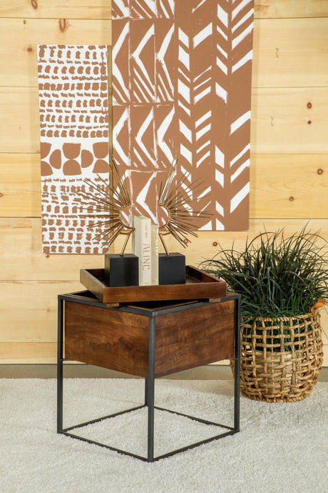 Ondrej Square Accent Table showing removable tray top and gunmetal iron base