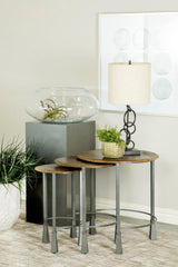 Deja 3-piece round nesting tables with mango wood tops and gunmetal iron legs, angled front view