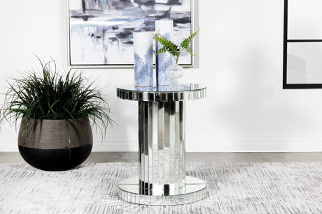 Dorielle Crystal Inlay Round Top Accent Table Mirror view from front showing crystal inlay and round mirrored top