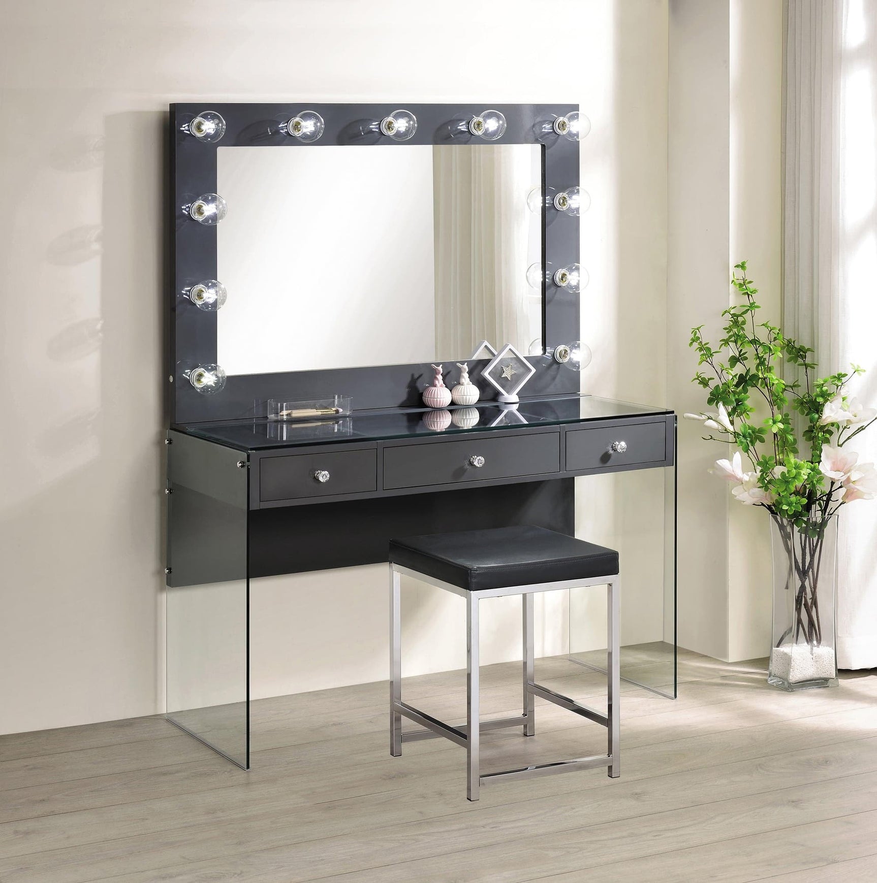 Afshan 3-Drawer Vanity Desk front view with lighted mirror