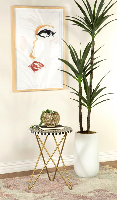 Xenia round accent table showing black and white bone inlay mosaic top