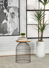 Bernardo Round Accent Table with natural beige marble top and gunmetal bird cage base - front view