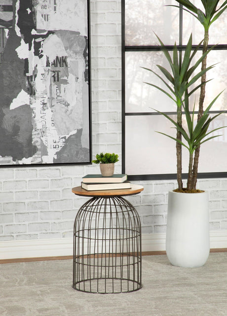 Bernardo Round Accent Table with natural beige marble top and gunmetal bird cage base - front view