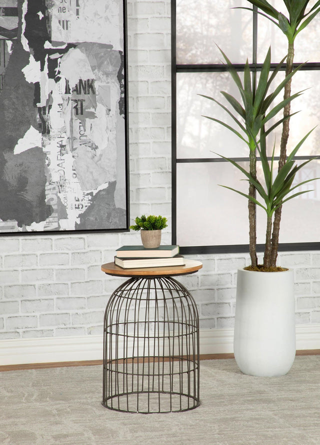 Bernardo Round Accent Table with natural beige marble top and gunmetal bird cage base - front view