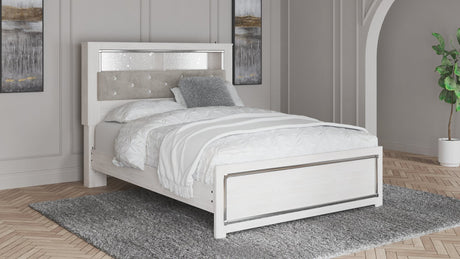Altyra White Queen Panel Bookcase Bed front view showing upholstered headboard and storage drawers
