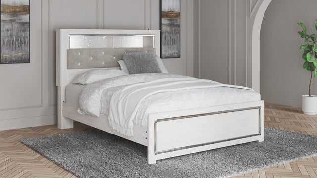Altyra White Queen Panel Bookcase Bed front view showing upholstered headboard and storage drawers