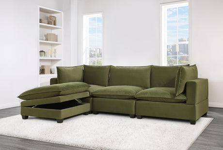 Main view of Cloud Olive Velvet Modular Reclining Sectional sofa in olive velvet upholstery from front angle