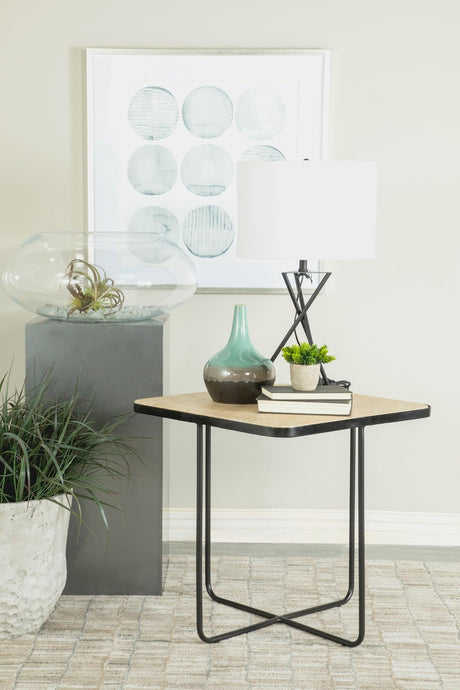 Elyna Square Accent Table top view showing travertine surface