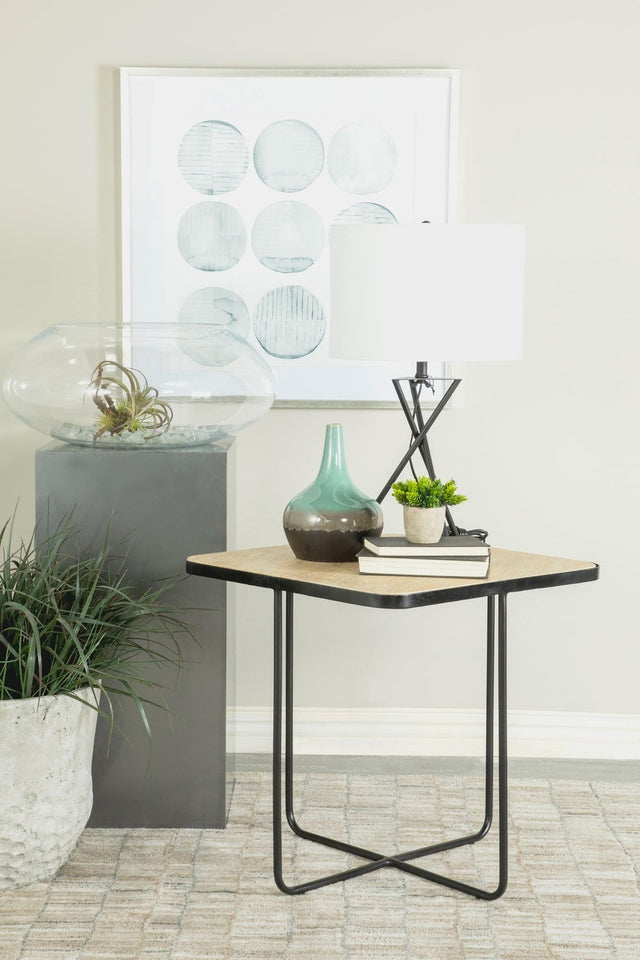 Elyna Square Accent Table top view showing travertine surface