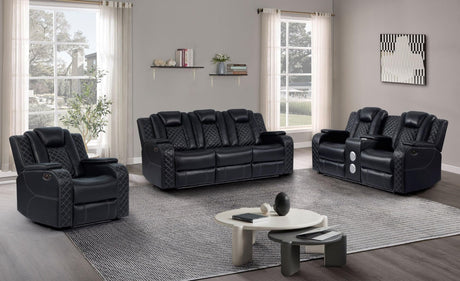 Galaxy black faux leather power reclining sofa angled view