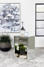 Coquette mirrored rectangular accent table showing front view with drawer closed