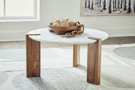 Isanti white and brown marble top coffee table, top-down view