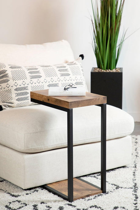 Beck C-shape Snack Table with black metal frame and antique nutmeg wood-like top front view