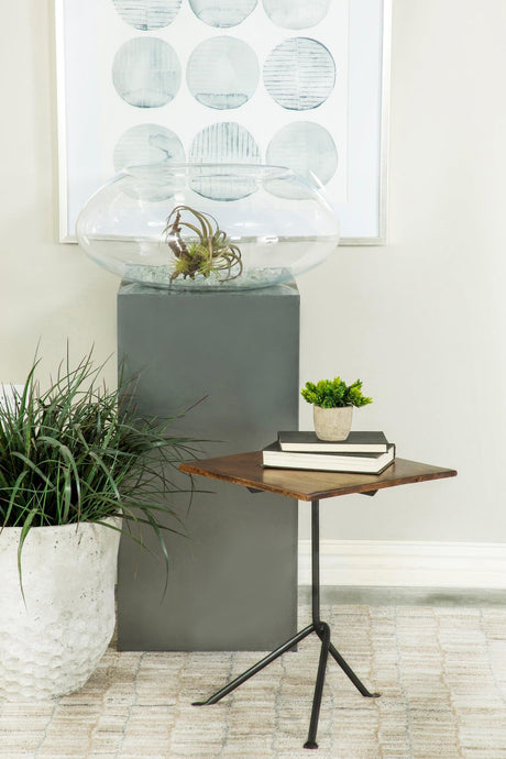 Heitor square accent table angled view showing dark brown mango wood top and gunmetal tripod legs