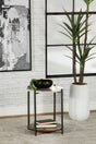 Noemie round accent table with white marble top and gunmetal frame, angled side view