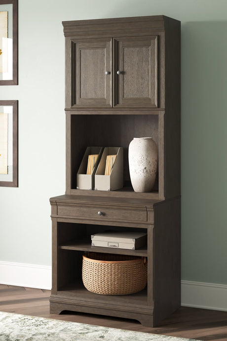 Janismore weathered gray traditional bookcase front angle