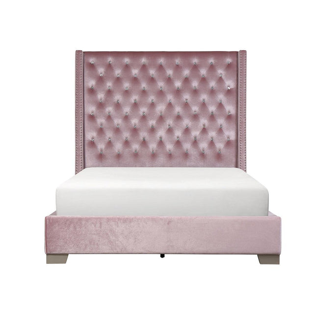 Jacklyn Pink Upholstered Tufted Queen Panel Bed front angle
