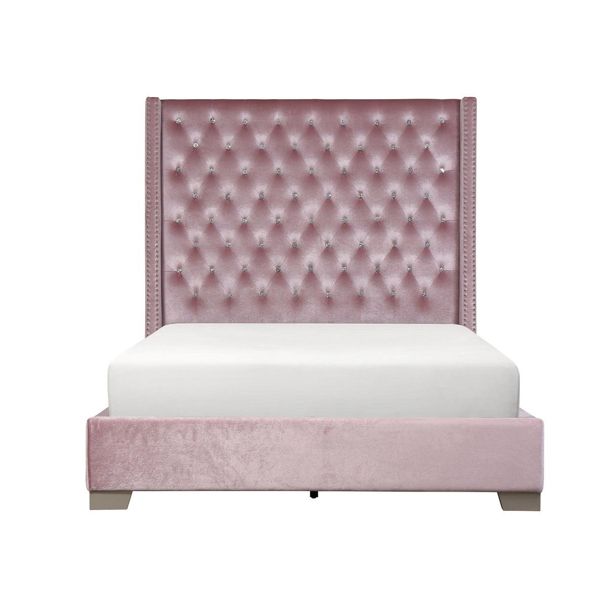 Jacklyn Pink Modern Contemporary Solid Wood Faux Leather Upholstered Tufted Queen Panel Bed - Ella Furniture