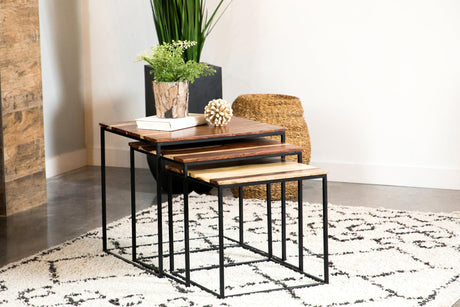 Belcourt large nesting table showing natural sheesham wood top and black iron legs