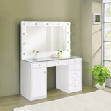 White 7-drawer vanity desk with glass top, front view