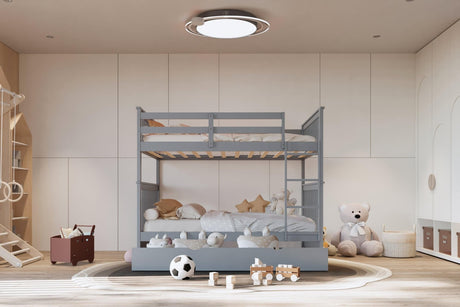 Gray solid wood twin over twin bunk bed with trundle - front angle