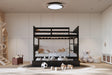 Black solid wood twin over twin bunk bed with trundle angled view