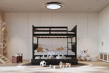 Black solid wood twin over twin bunk bed with trundle angled view