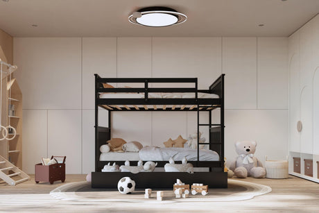 Black solid wood twin over twin bunk bed with trundle angled view