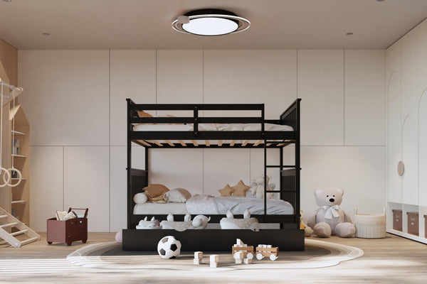 Black solid wood twin over twin bunk bed with trundle angled view
