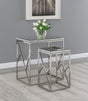 Betsy 2-Piece Silver Mirror Top Nesting Tables - angled view showing mirrored tops and geometric base