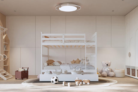 White solid wood twin over twin bunk beds with trundle - front view