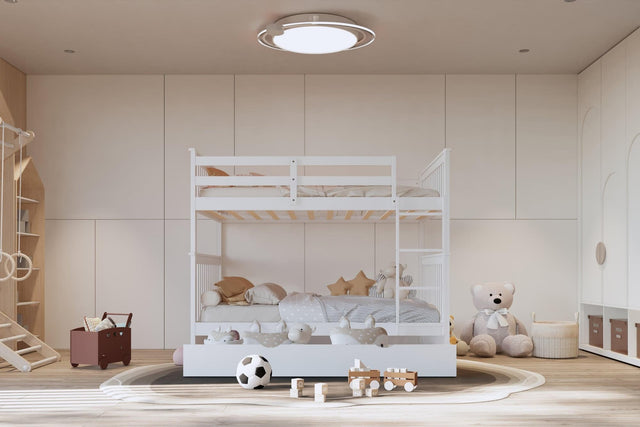 White solid wood twin over twin bunk beds with trundle - front view