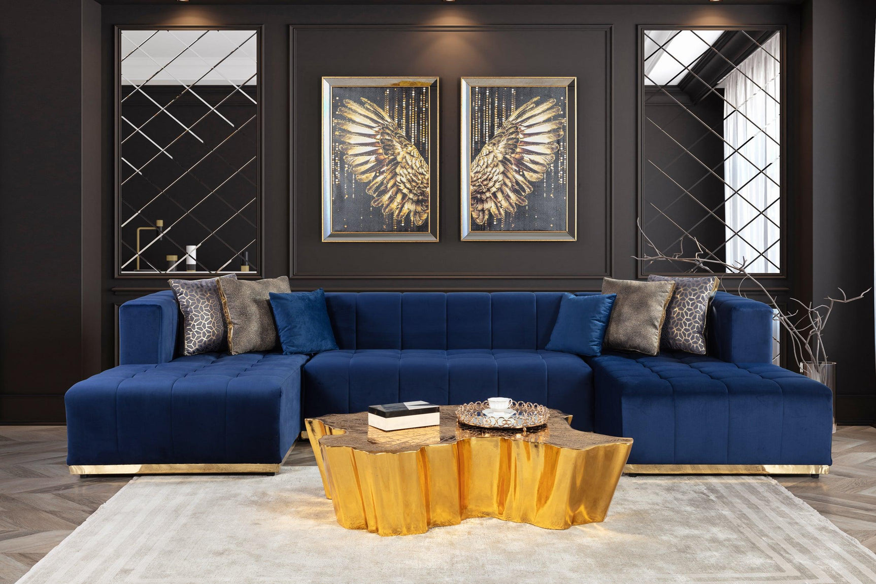 Amelia Navy Velvet Double Chaise Sectional - Ella Furniture
