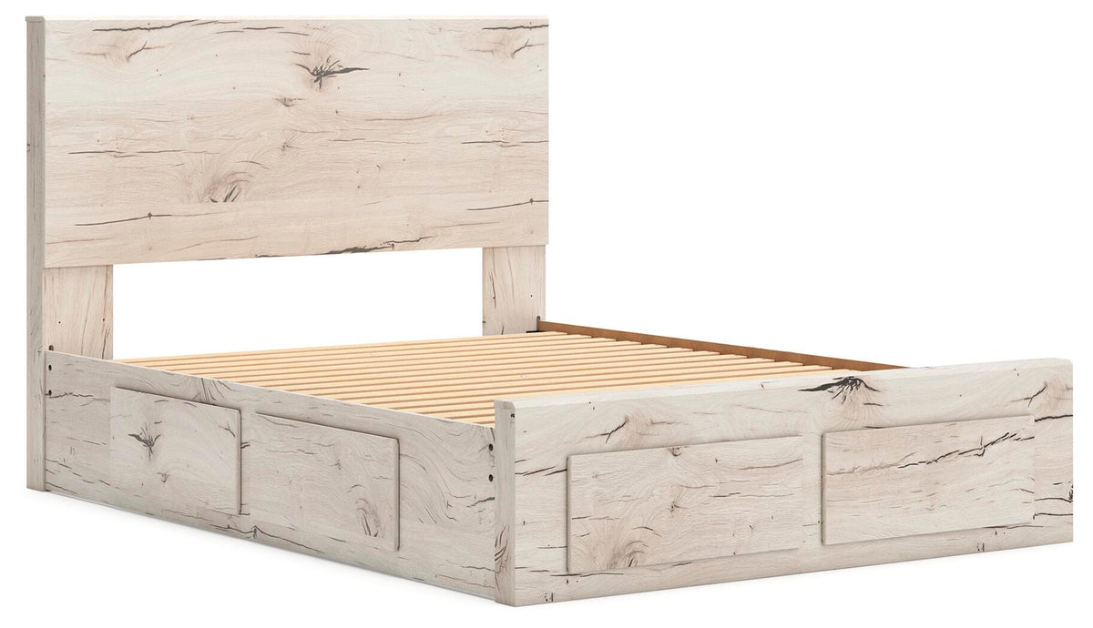 Lawroy Light Natural Queen Panel Storage Bed — angled view