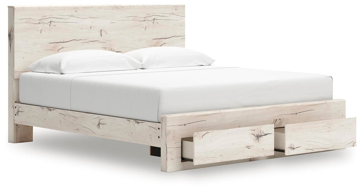 Lawroy Light Natural King Panel Storage Bed — angled view