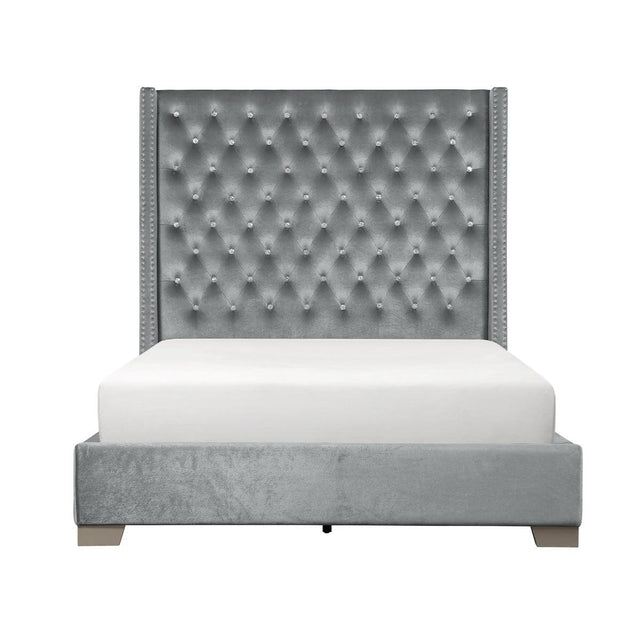 Jacklyn Gray gray tufted faux leather king panel bed - front angle