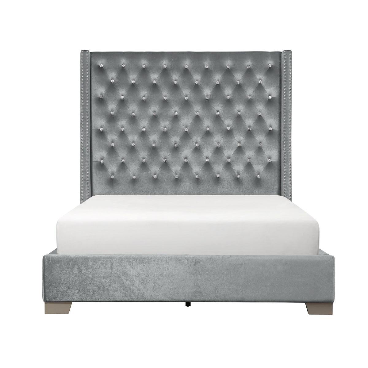 Jacklyn Gray Modern Contemporary Solid Wood Faux Leather Upholstered Tufted King Panel Bed - Ella Furniture
