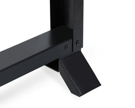 Close-up detail of black metal frame hardware