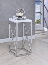 Edmund Accent Table side view showing glossy white square top and chrome X-cross base
