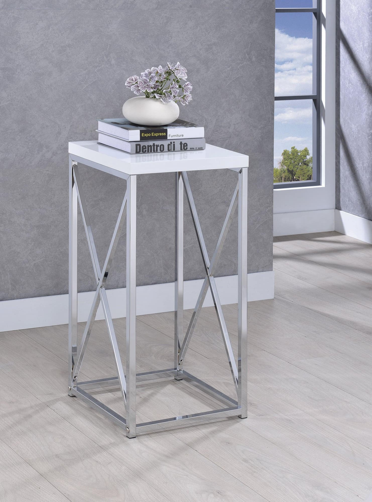 Edmund Accent Table side view showing glossy white square top and chrome X-cross base