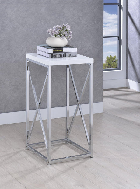 Edmund Accent Table side view showing glossy white square top and chrome X-cross base