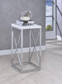 Edmund Accent Table side view showing glossy white square top and chrome X-cross base