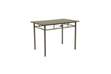 Detail view of metal tubing and walnut tabletop on dining set